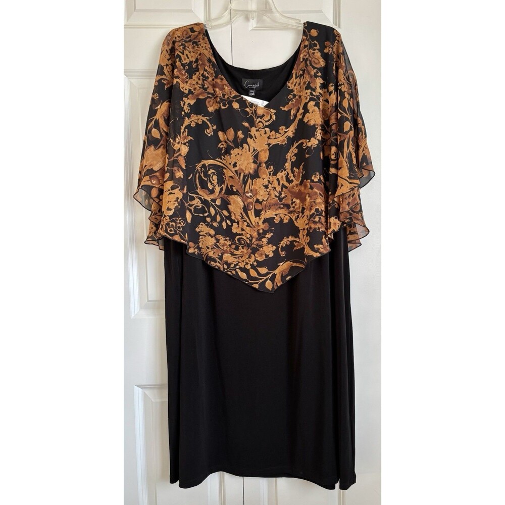 Connected Apparel Dress Size 24W Black Bronce Floral Cape Overlay V-Neck Sheath